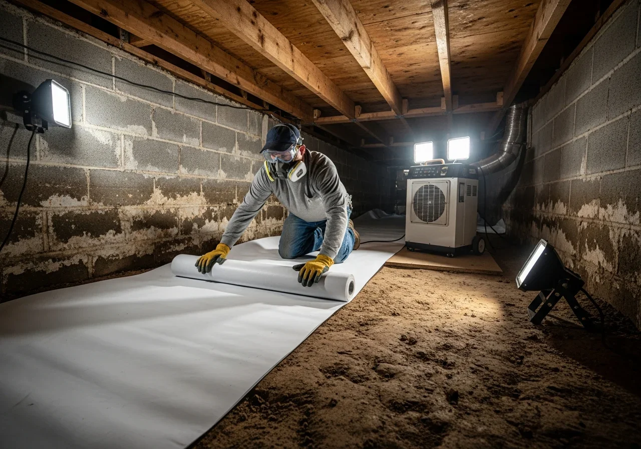 Completed crawl space encapsulation with heavy-duty vapor barrier and dehumidifier in Lancaster SC