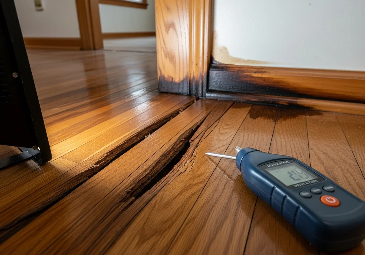 Close-up of water damage on hardwood flooring in a Lancaster South Carolina home showing warping and discoloration common in older crawl space construction