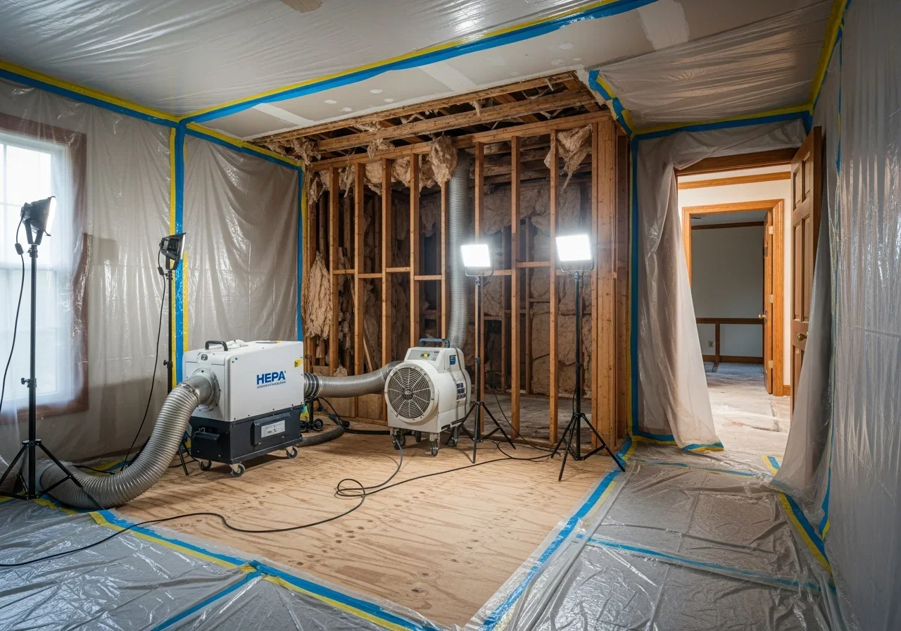 HEPA air scrubber operating inside mold containment zone during active remediation in a Lancaster, South Carolina residence