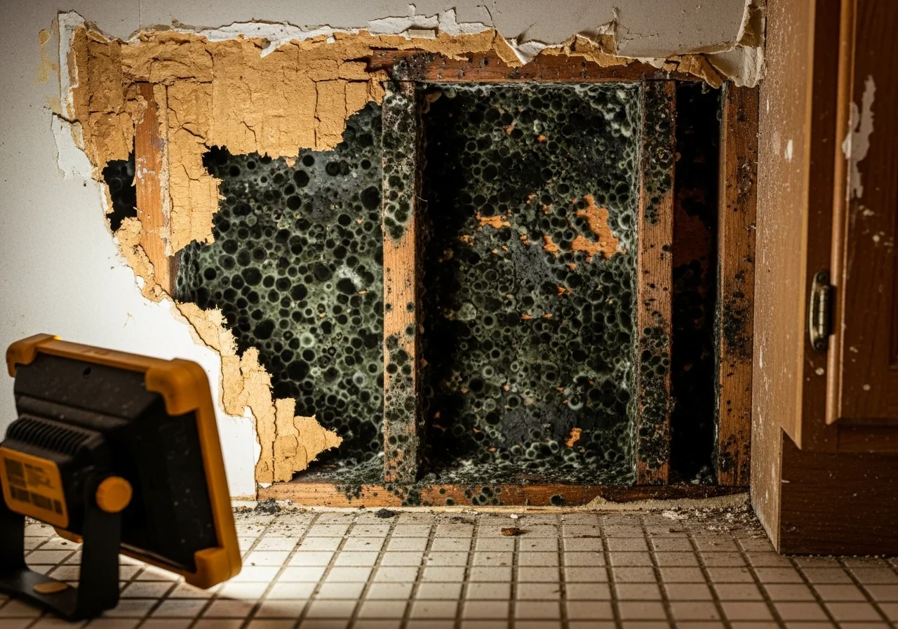 Hidden mold growth behind drywall caused by a slow plumbing leak in a Lancaster, South Carolina home showing black mold on wood framing