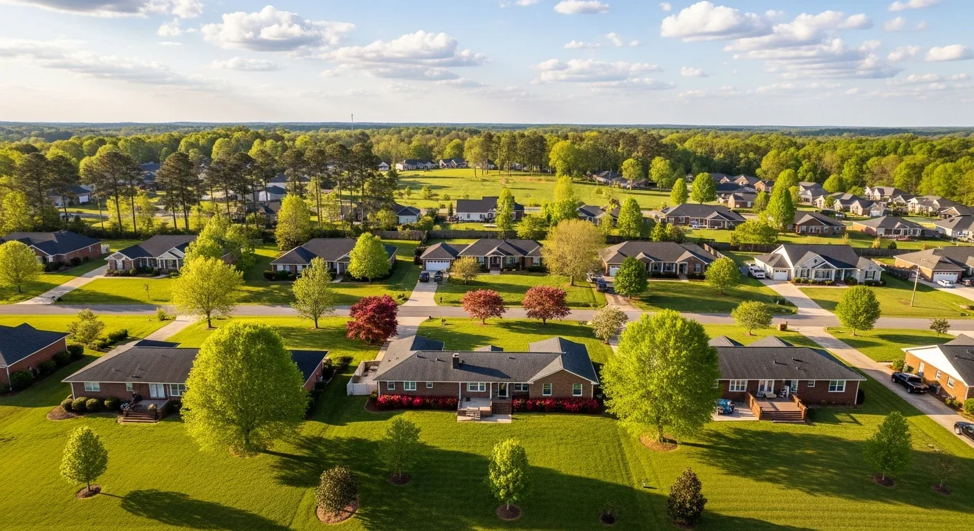 Aerial view of an established Lancaster South Carolina neighborhood showing mature oak trees and brick ranch homes with crawl space foundations
