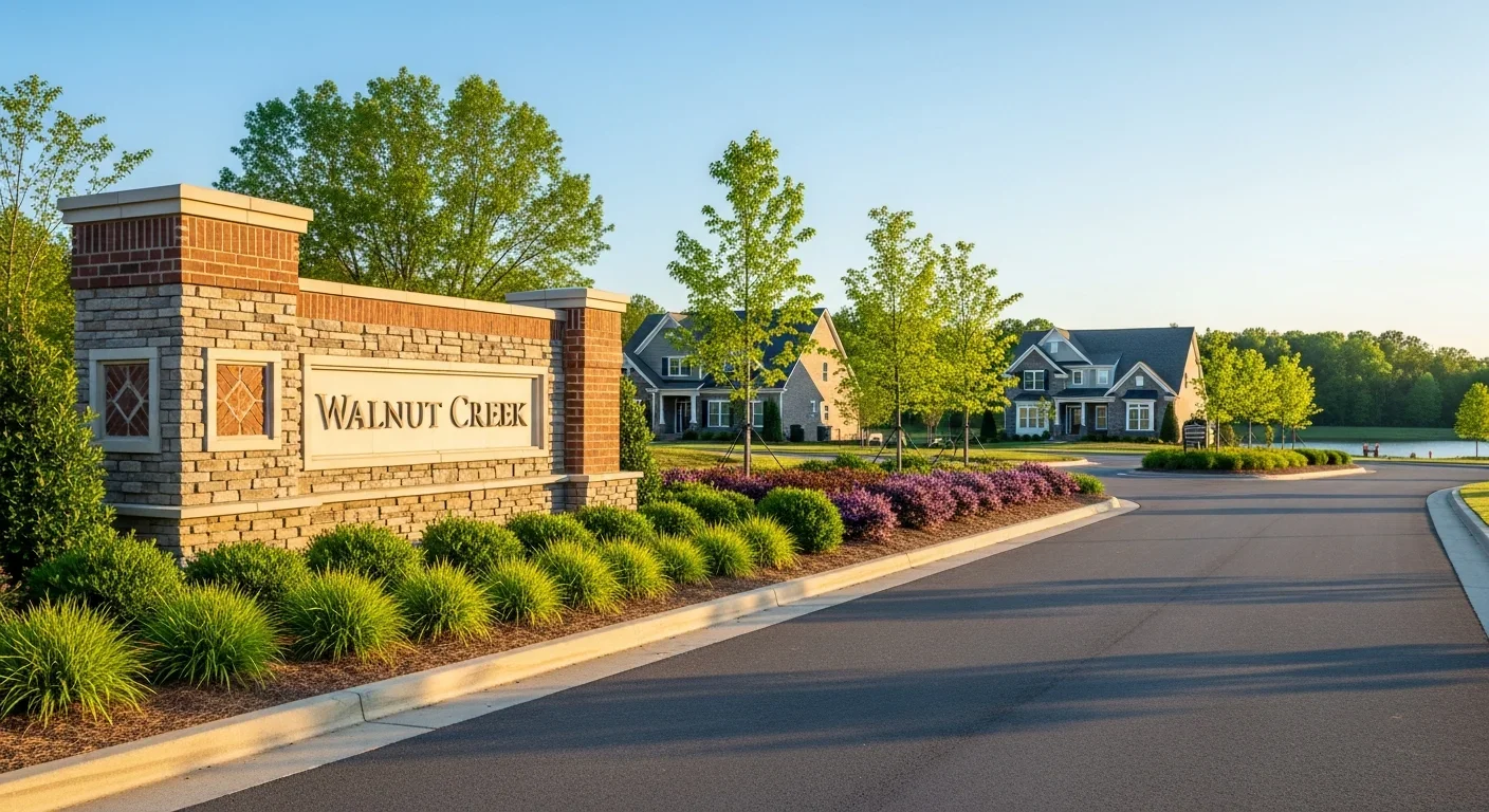Entrance to a new residential community in Lancaster South Carolina showing rapid growth and development that impacts stormwater management across the county