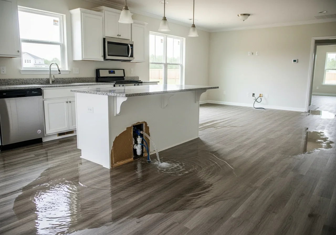 New construction supply line burst causing water damage in a Lancaster South Carolina home showing standing water on flooring near builder-grade plumbing connections