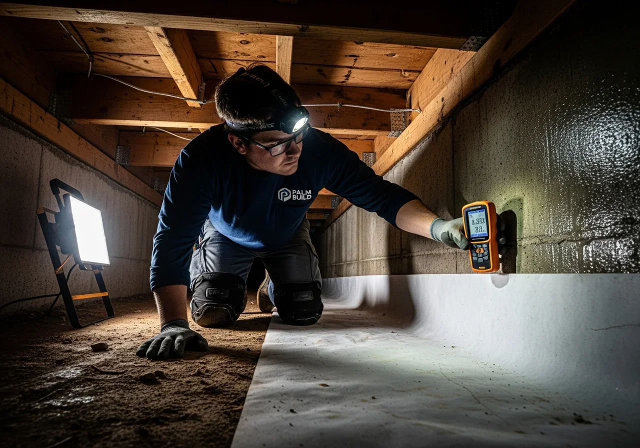 Palm Build technician inspecting moisture and mold conditions in a Lancaster, South Carolina crawl space with flashlight
