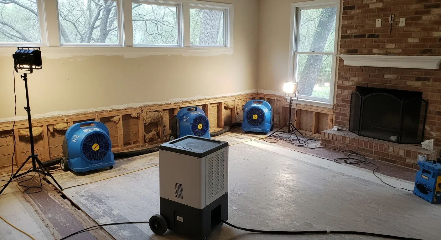 Commercial LGR dehumidifiers and air movers set up for structural drying in a Lancaster South Carolina home after water damage