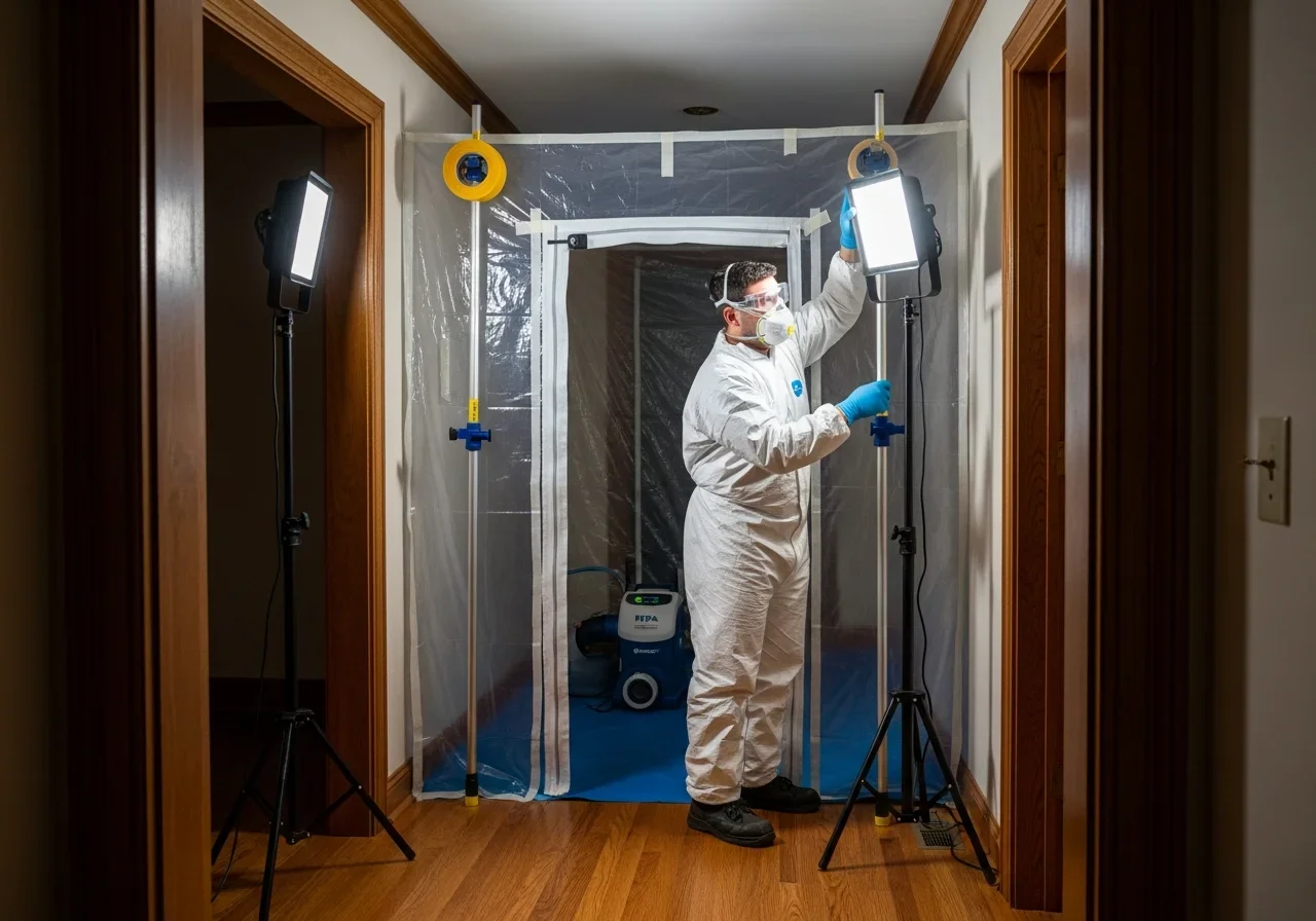 Palm Build crew constructing mold containment barriers with polyethylene sheeting and negative air pressure in a Lancaster, South Carolina home