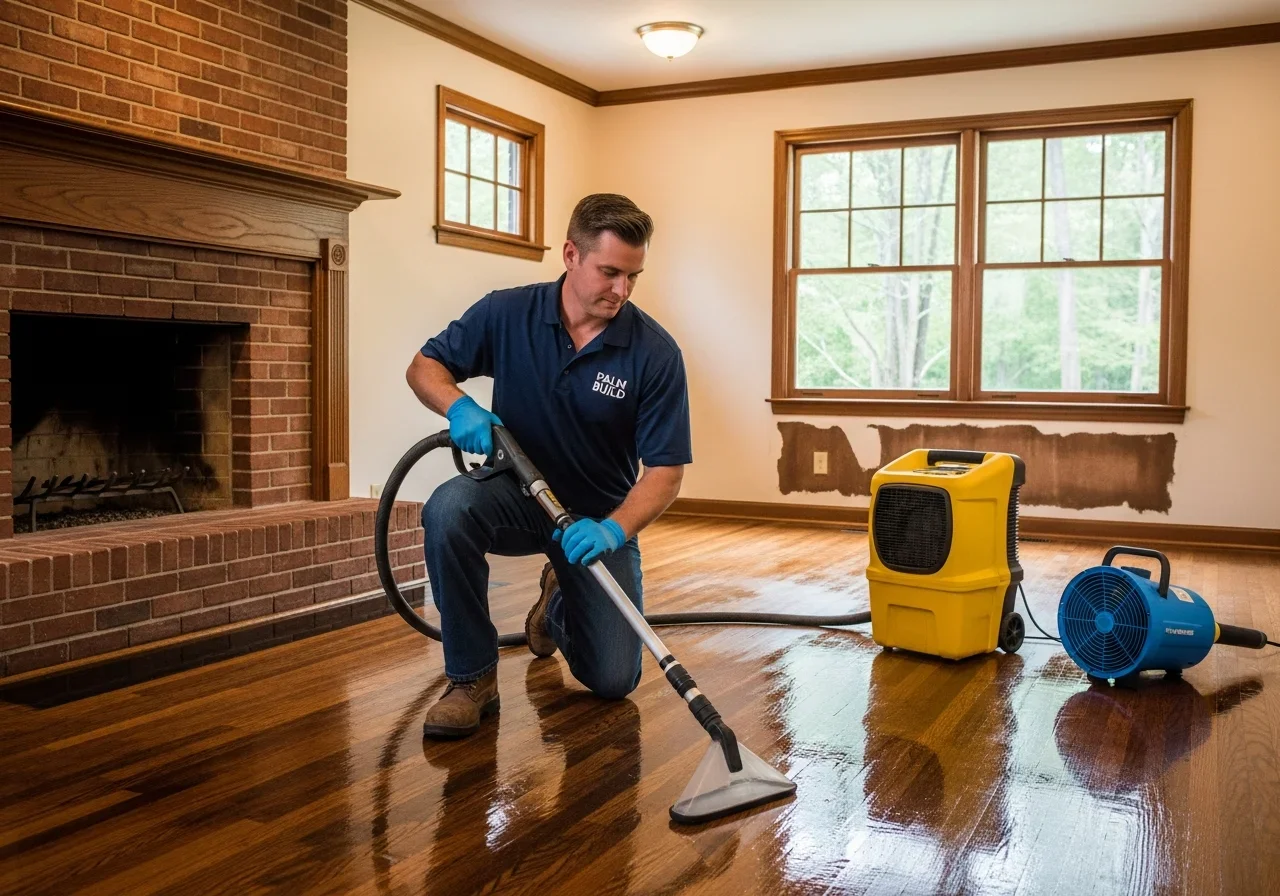 Palm Build IICRC-certified technician performing truck-mounted water extraction in a Lancaster South Carolina home with commercial drying equipment