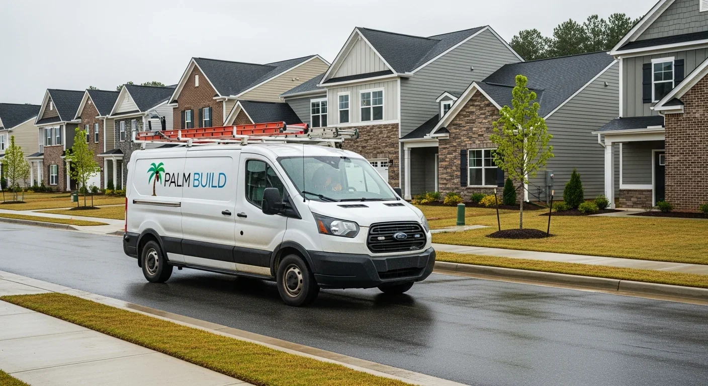 Palm Build restoration van arriving at a new residential community in Lancaster South Carolina for emergency water damage response