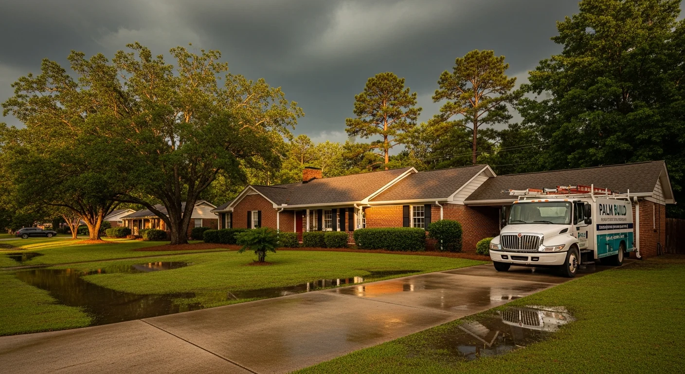 Palm Build restoration truck arriving at a Lancaster, South Carolina home during heavy rainfall for emergency water damage restoration