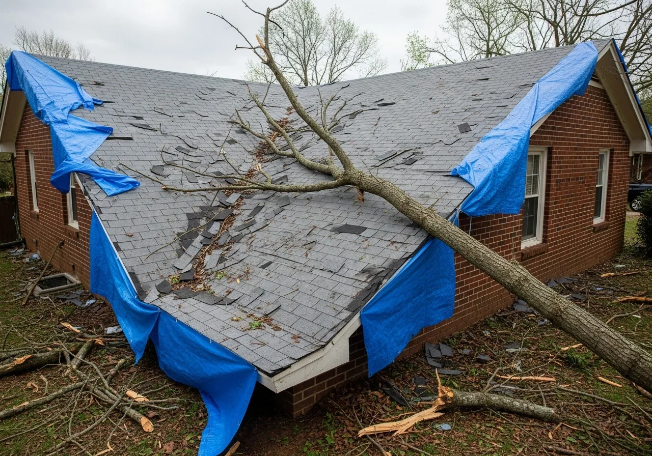 Storm damage to roof shingles on a Lancaster South Carolina home allowing water intrusion during Piedmont thunderstorms