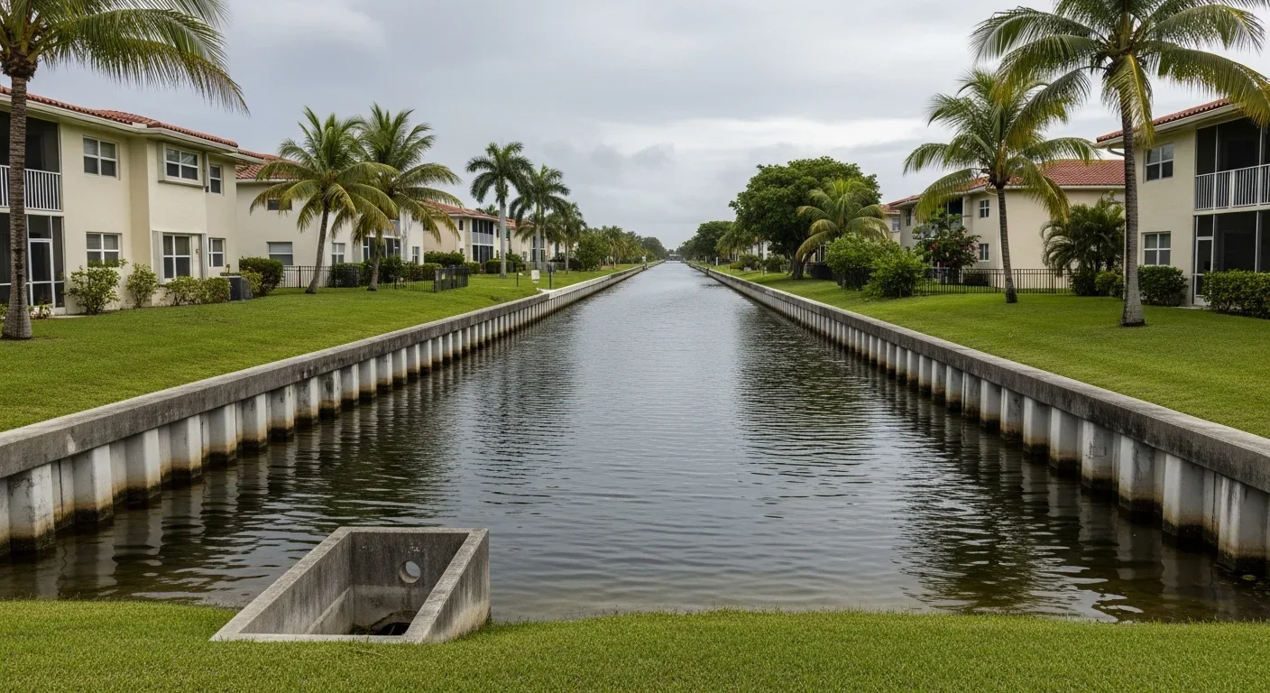 C-13 Canal corridor running through Lauderdale Lakes Florida residential area with elevated water level after rain and condo buildings visible
