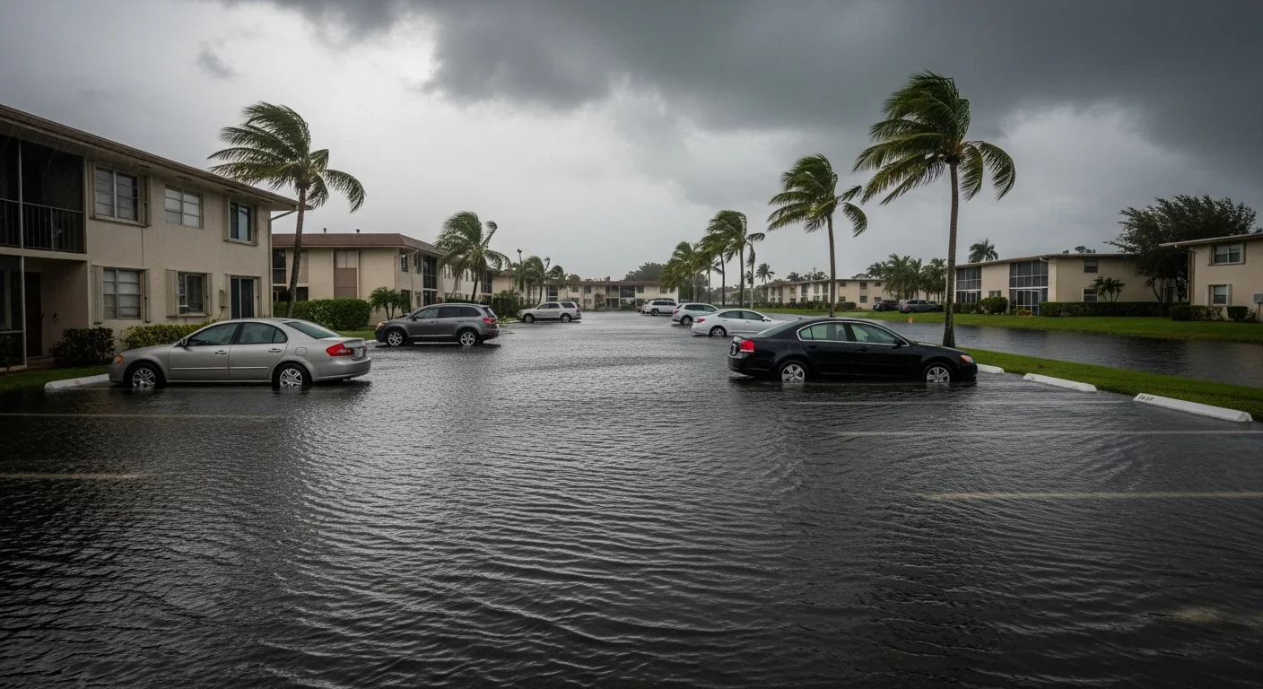 Flash flooding in Lauderdale Lakes Florida condo area with standing water surrounding buildings