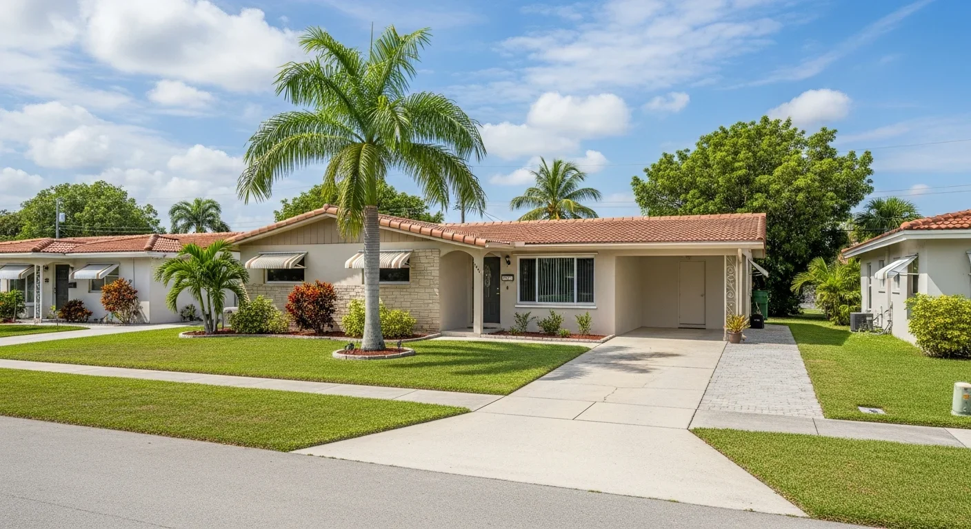 Typical Oakland Estates ranch-style CBS stucco home in Lauderdale Lakes Florida from the 1960s-1970s with tropical landscaping