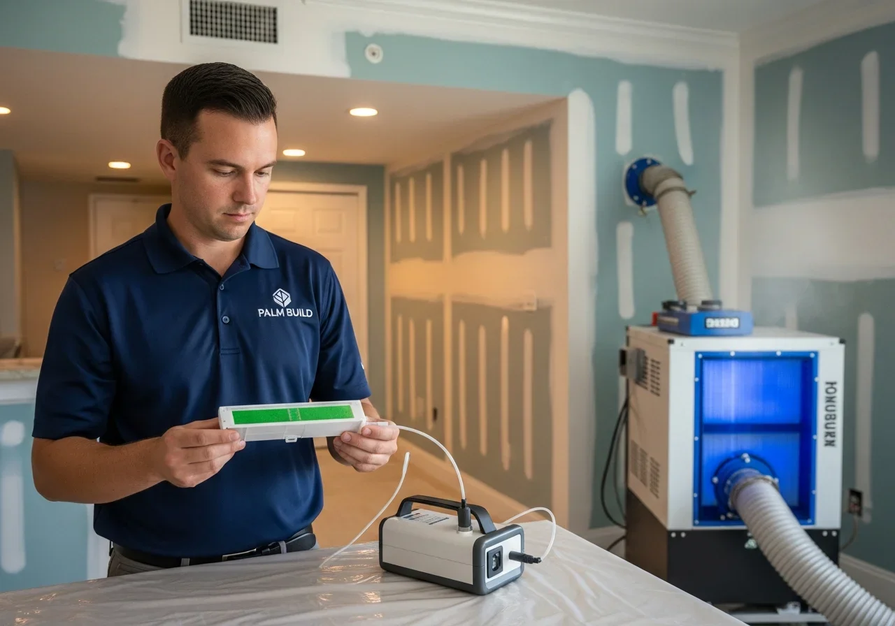 Post-remediation air quality testing equipment in Lauderdale Lakes FL condo unit confirming successful mold remediation