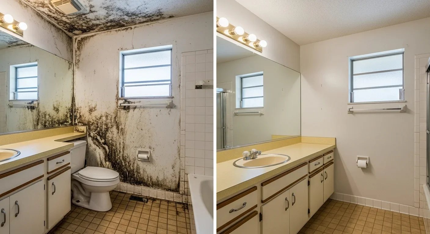 Before and after mold remediation in Lauderdale Lakes FL condo bathroom showing complete restoration