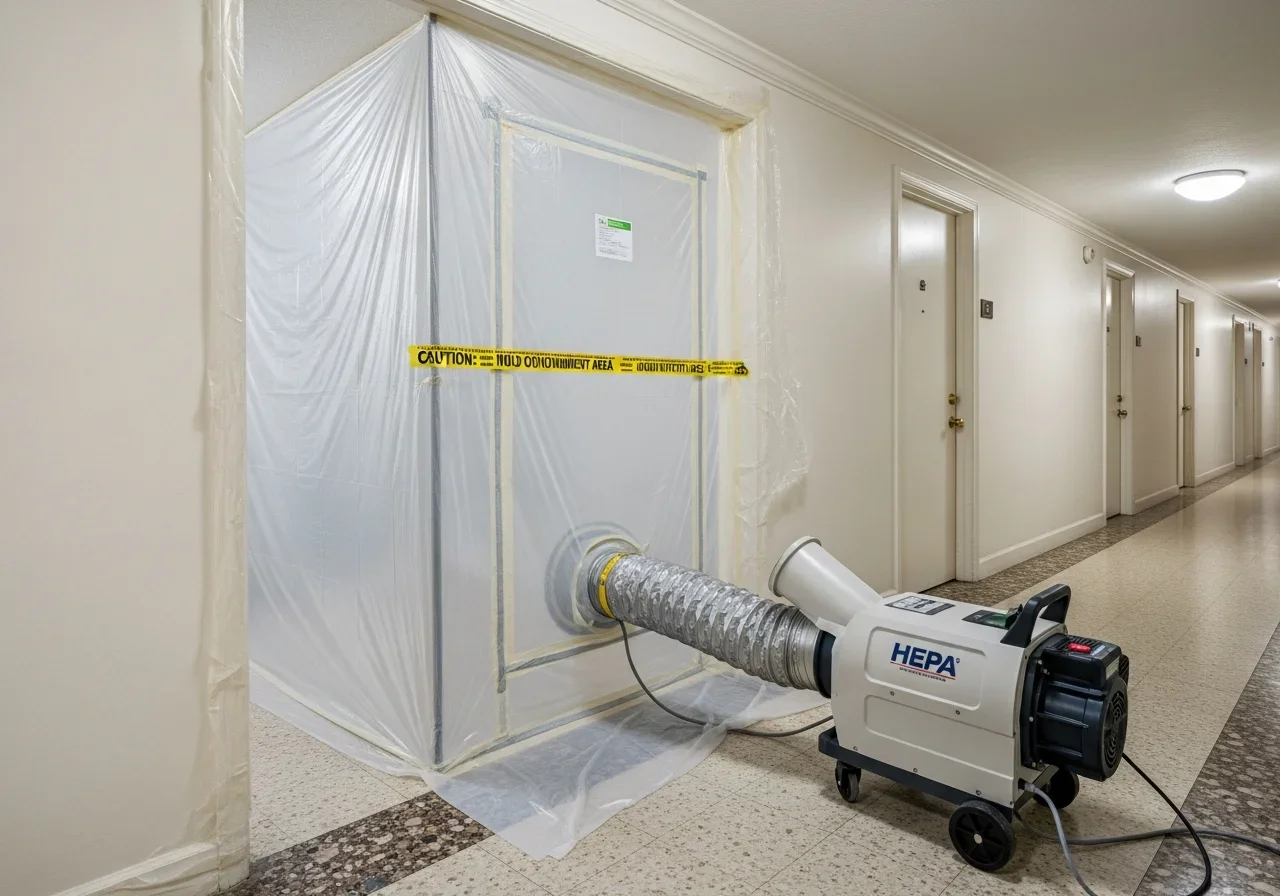Professional mold containment setup in Lauderdale Lakes FL condo hallway with polyethylene sheeting and negative air machine