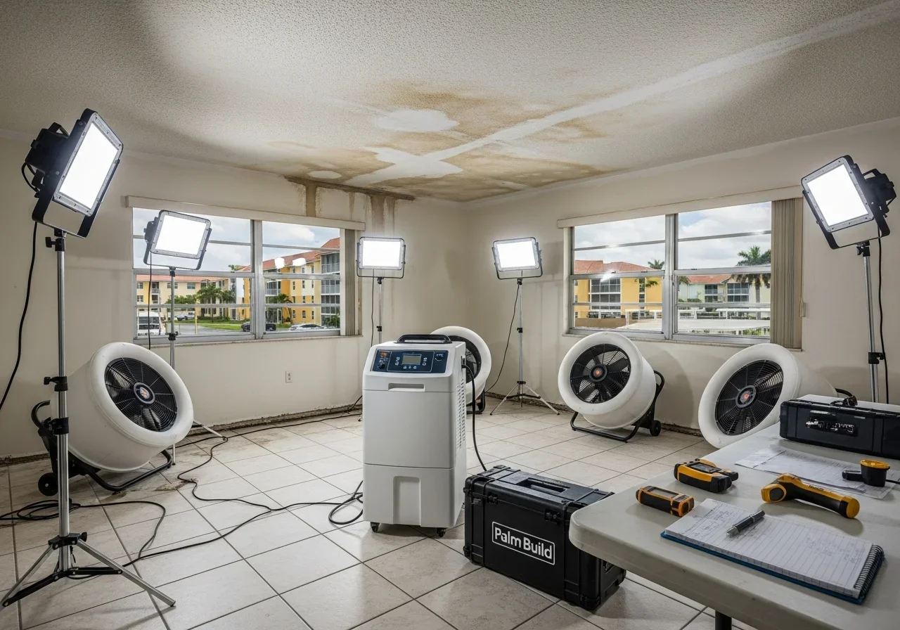 Commercial drying equipment deployed in a water-damaged Lauderdale Lakes FL condo unit with air movers and dehumidifiers