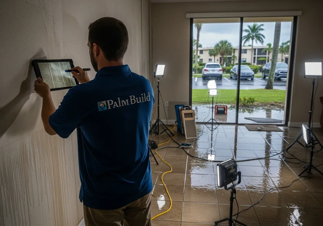 Palm Build technician documenting water damage with tablet inside a flooded Lauderdale Lakes FL condo for insurance