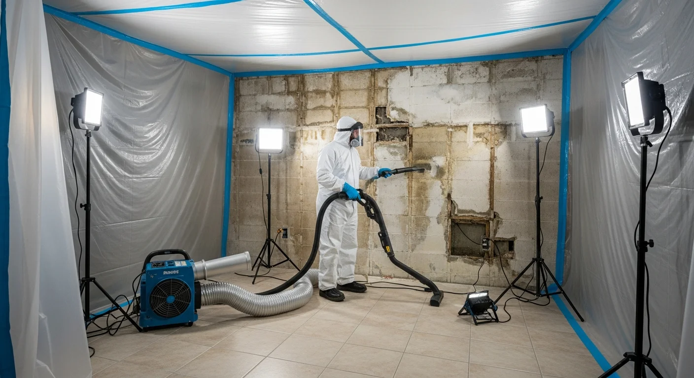 Palm Build mold remediation technician in full PPE inside containment zone treating mold on CBS wall in a Lauderdale Lakes FL condo