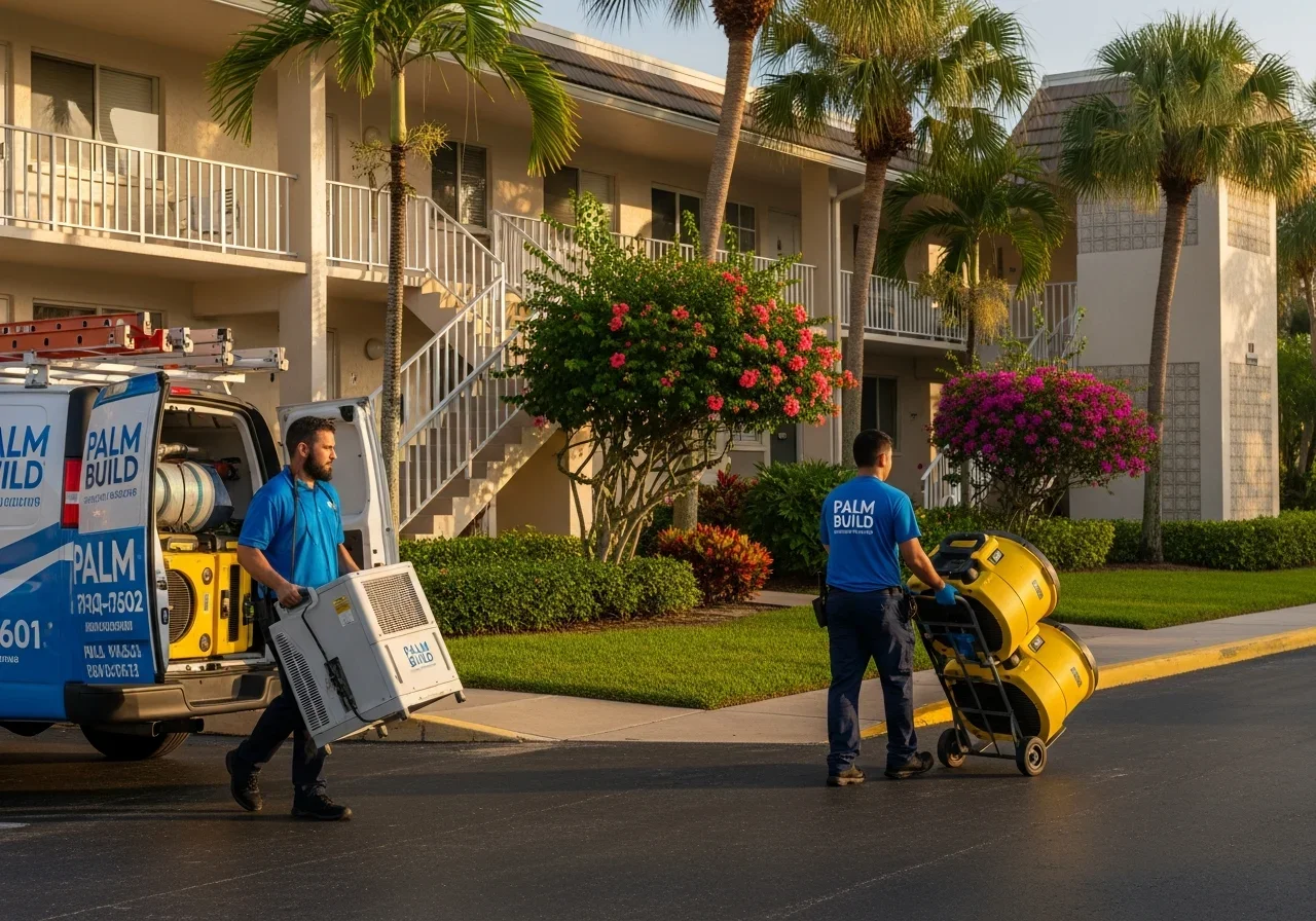 Palm Build mold remediation team arriving at a Lauderdale Lakes FL condo community with equipment