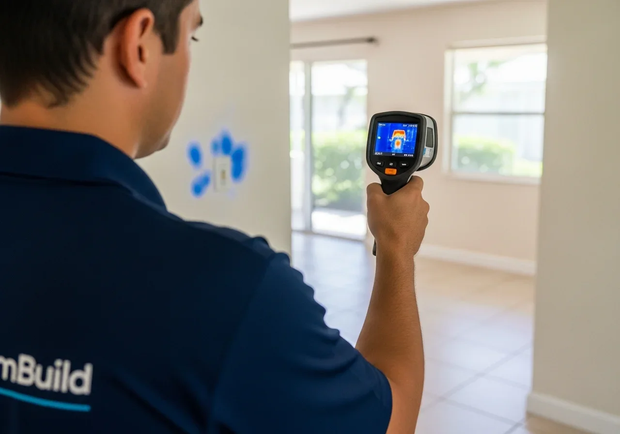 Palm Build technician using thermal imaging camera to locate hidden moisture behind CBS wall in Lauderdale Lakes FL