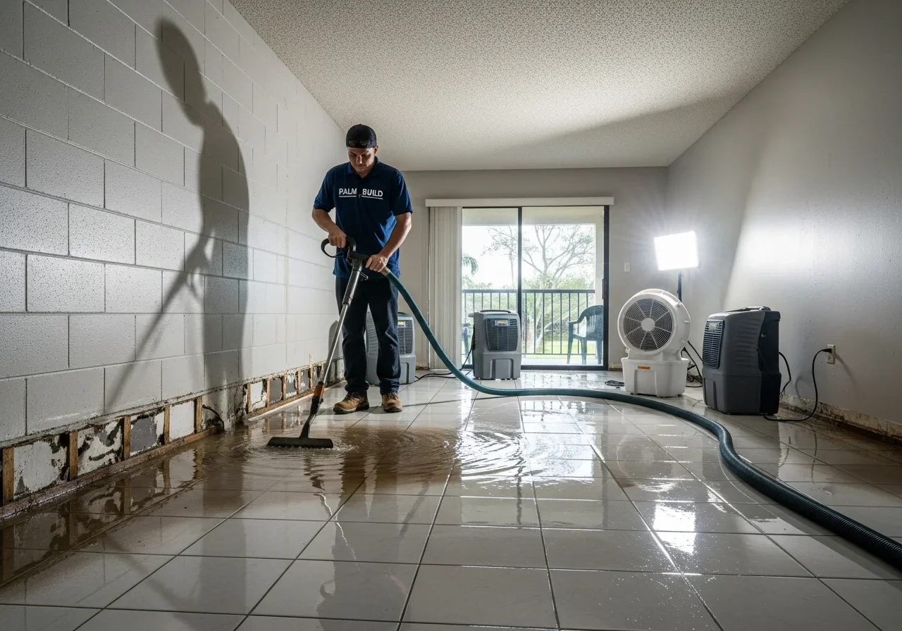 Palm Build technicians performing water extraction in a Lauderdale Lakes Florida condo with truck-mounted equipment