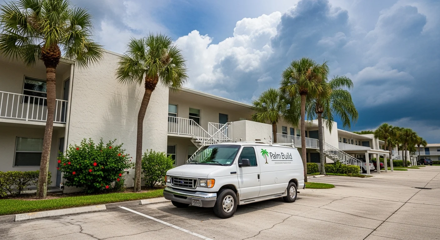 Palm Build restoration van at a low-rise condo complex in Lauderdale Lakes, Florida with tropical landscaping and approaching storm clouds