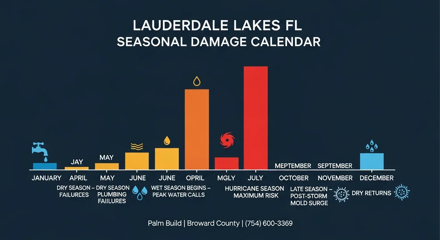 Seasonal mold and water damage risk calendar for Lauderdale Lakes FL showing peak risk June through September