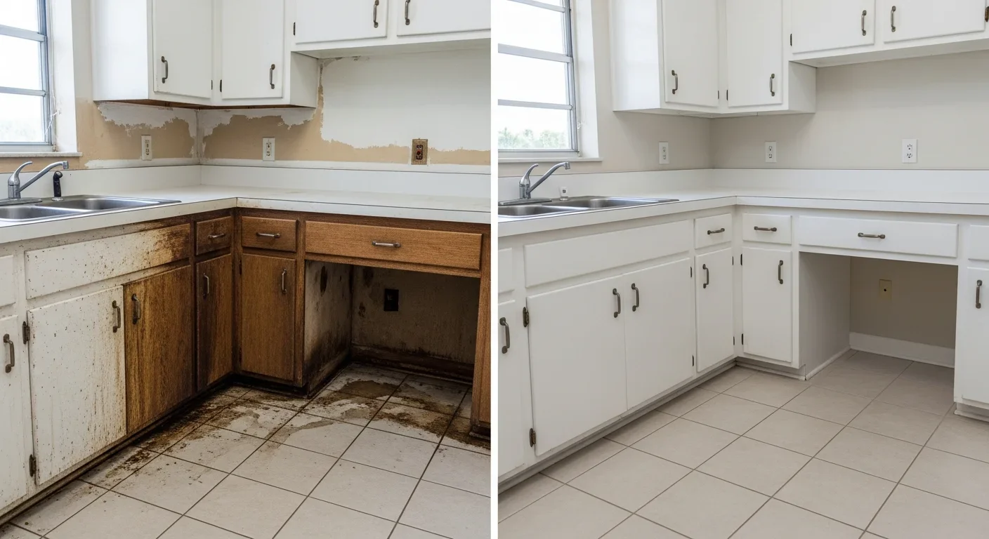 Before and after water damage restoration in a Lauderdale Lakes FL condo kitchen