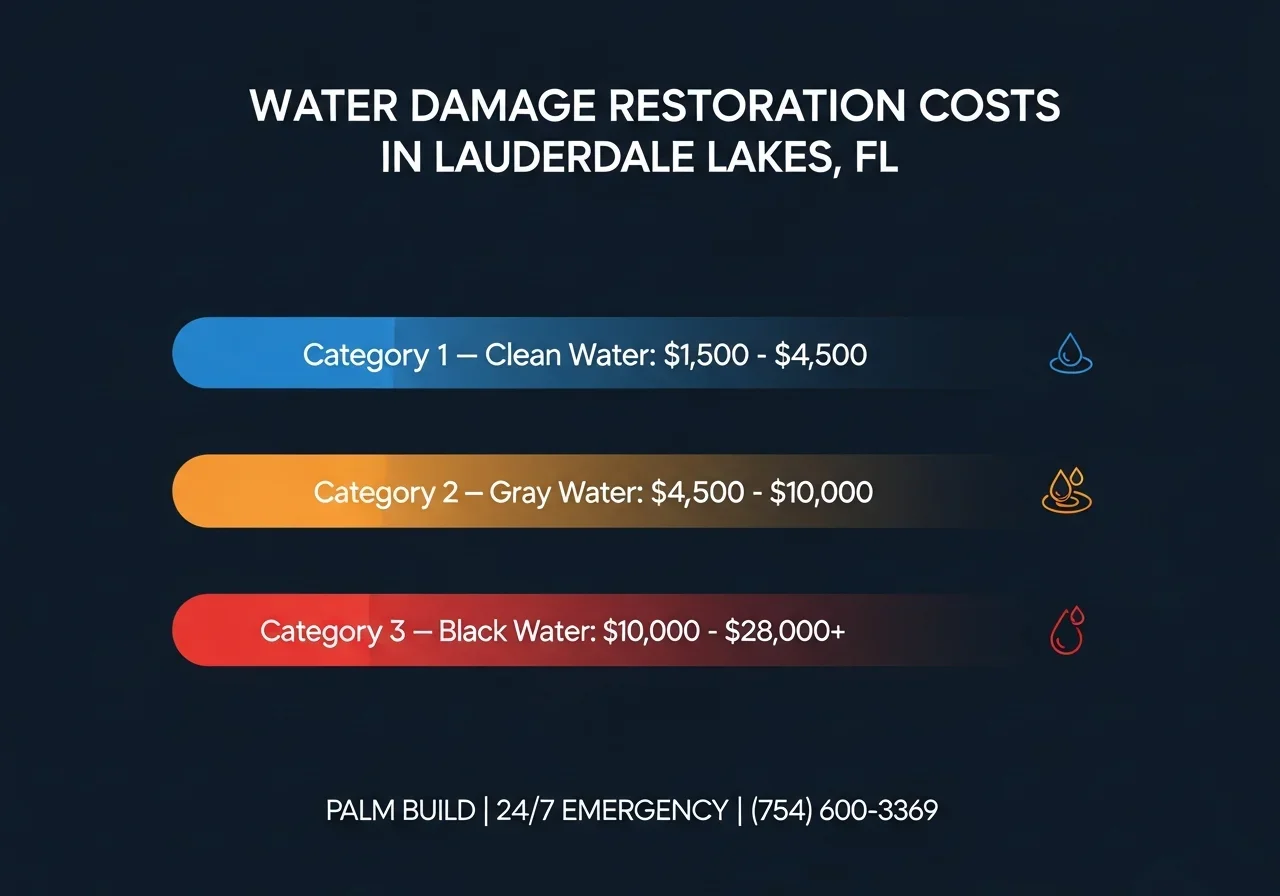 Infographic showing water damage restoration cost ranges in Lauderdale Lakes Florida from Category 1 through Category 3