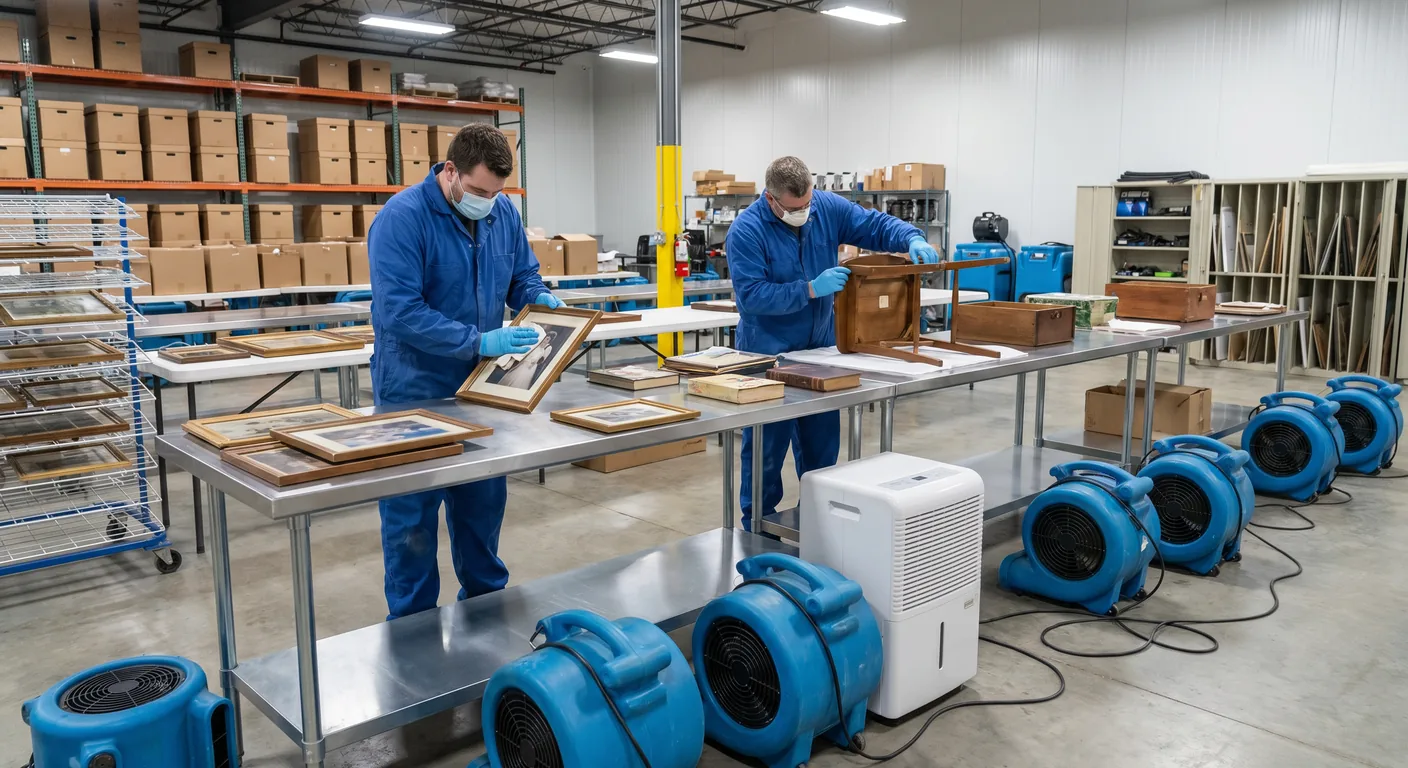 Salvaged contents from a Lauderhill Florida condo being cleaned and dried on tables in a climate-controlled restoration facility with air movers and dehumidifiers visible