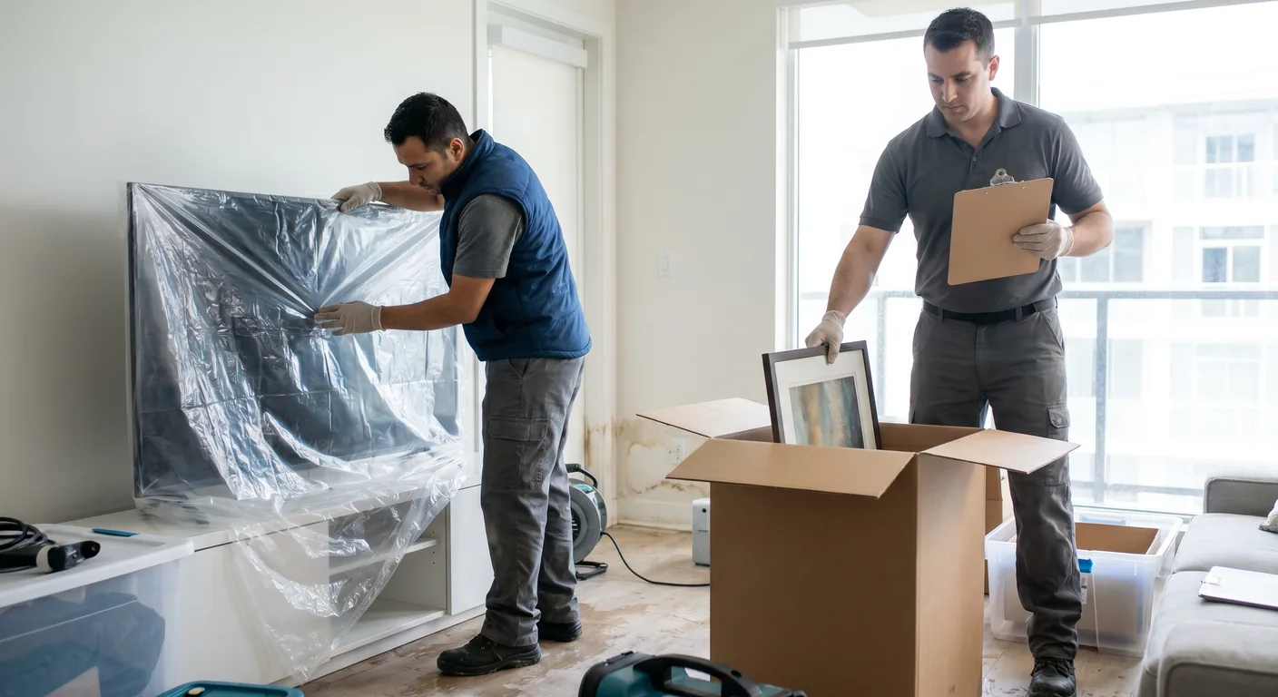 Palm Build contents restoration technicians carefully packing and inventorying condo belongings during a professional pack-out at an Inverrary Lauderhill Florida unit