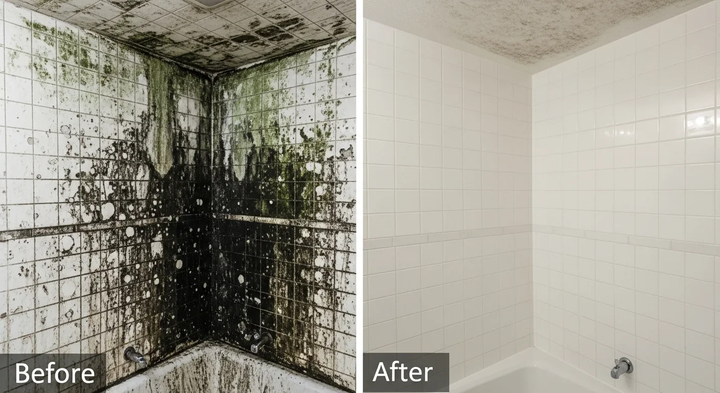 Before and after bathroom restoration and reconstruction at a Lauderhill FL property showing CBS wall repair and modern finish installation