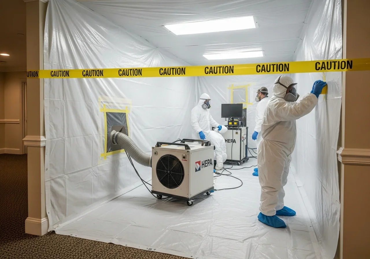 Professional mold containment setup in Lauderhill FL Inverrary condo with polyethylene sheeting and negative air machine