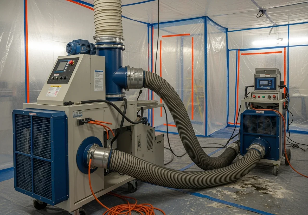 Palm Build commercial drying equipment and HEPA air scrubber setup in a Lauderhill Florida condominium unit showing professional dehumidifiers and air movers