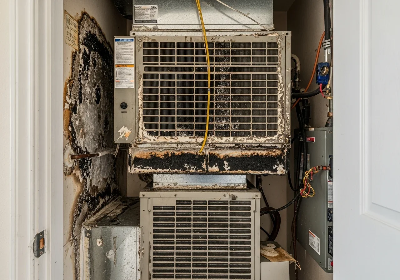 Mold growth on fan-coil air handler drip pan and wall in a Lauderhill FL Inverrary condo HVAC closet