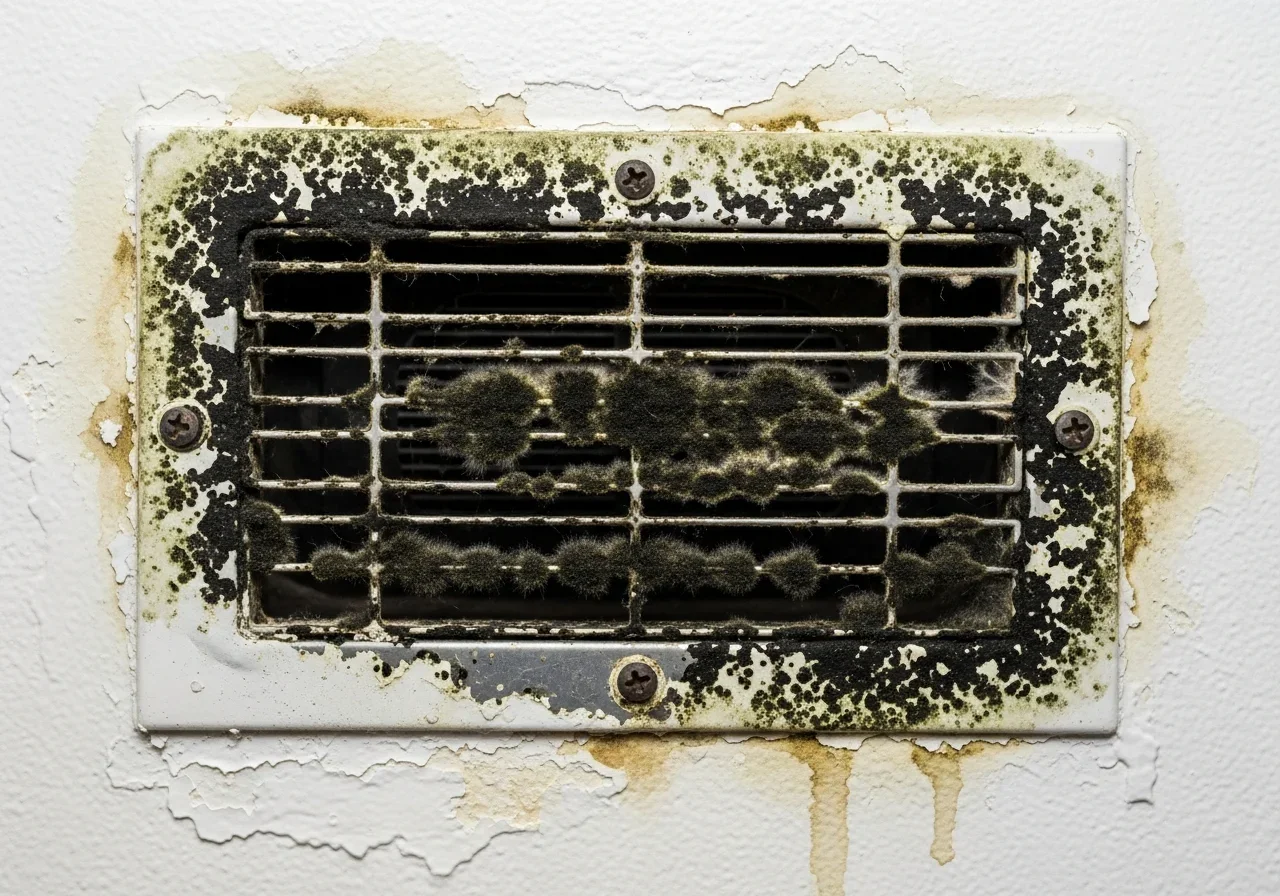 Mold growth around HVAC supply vent in Lauderhill FL Inverrary condo with condensation and water staining