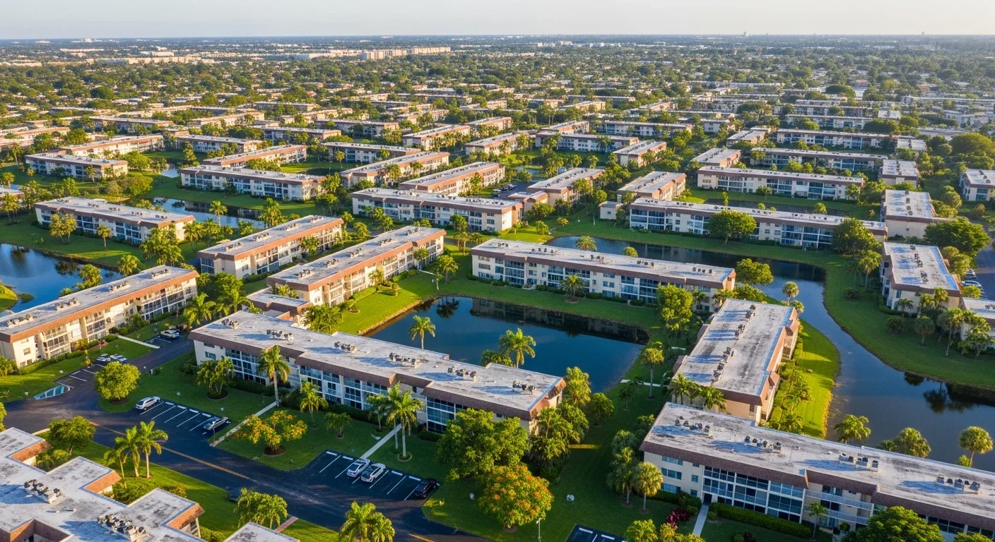 Aerial view of Inverrary master-planned condo community in Lauderhill Florida showing low-rise closed-unit condo buildings and golf course landscape