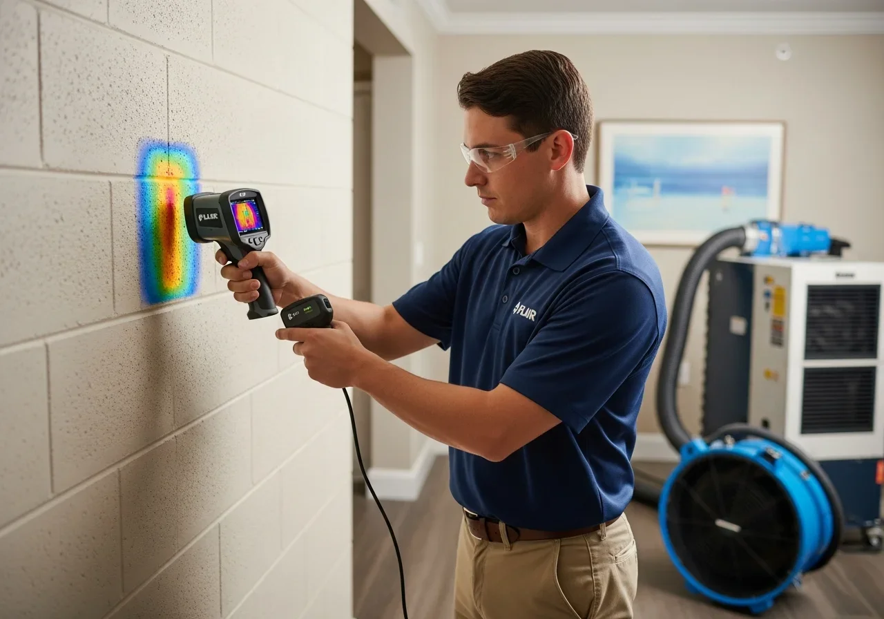 Palm Build technician using thermal imaging camera for moisture detection behind CBS shared walls in a Lauderhill Florida Inverrary condo