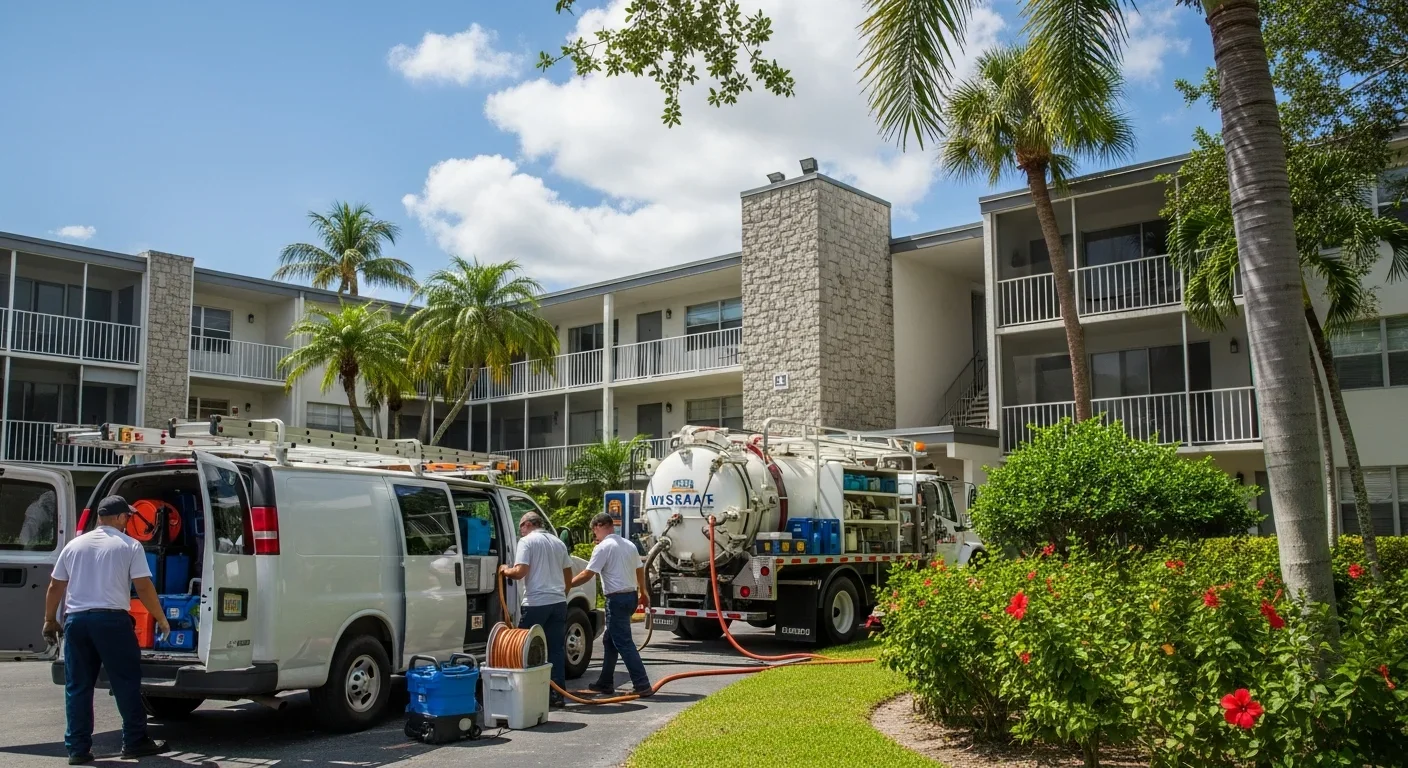 Palm Build restoration team arriving at an Inverrary condo building in Lauderhill FL with extraction and drying equipment