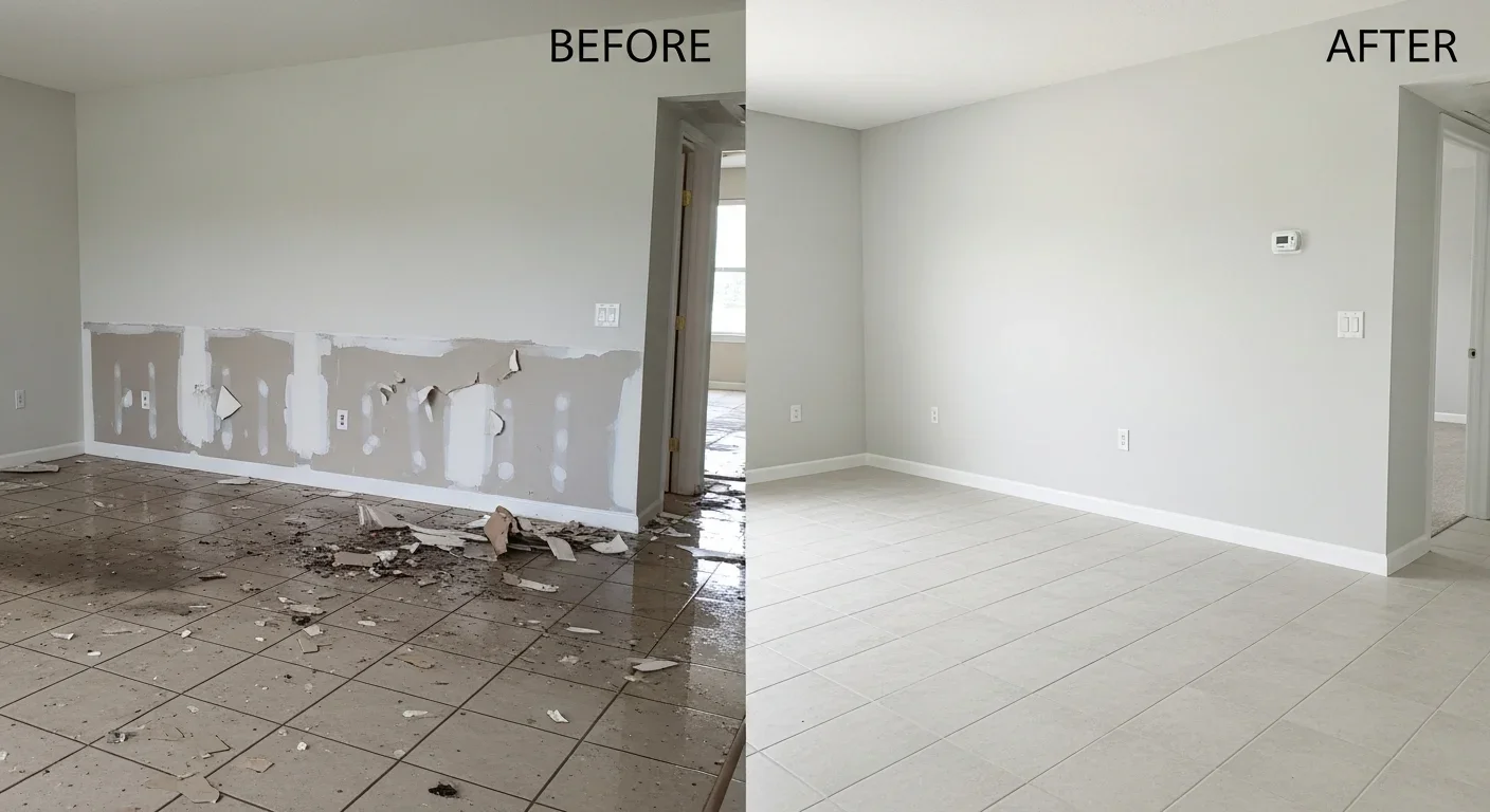 Before and after comparison of water damage restoration work completed in a Lauderhill Florida Inverrary area condo showing full interior recovery