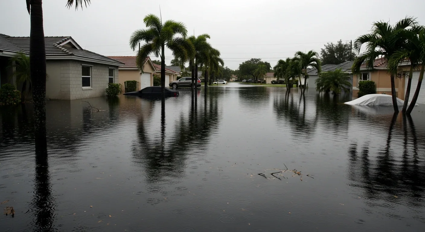 Canal-adjacent street in Lauderhill FL showing water ponding after a summer rainfall event near the C-13 canal drainage corridor