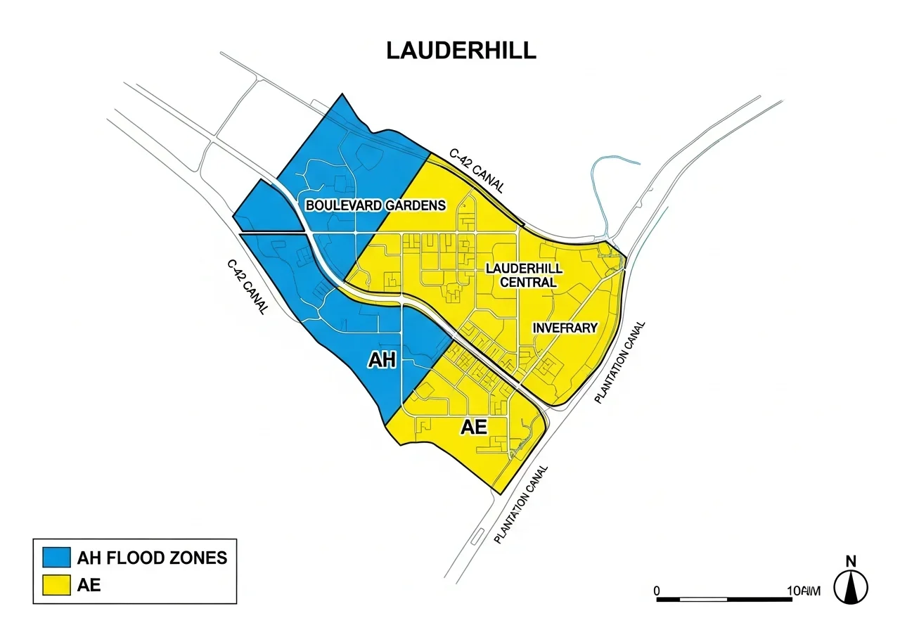 Infographic showing Lauderhill FL FEMA flood zones AE AH X with CRS Class 7 community rating and July 2024 flood map update