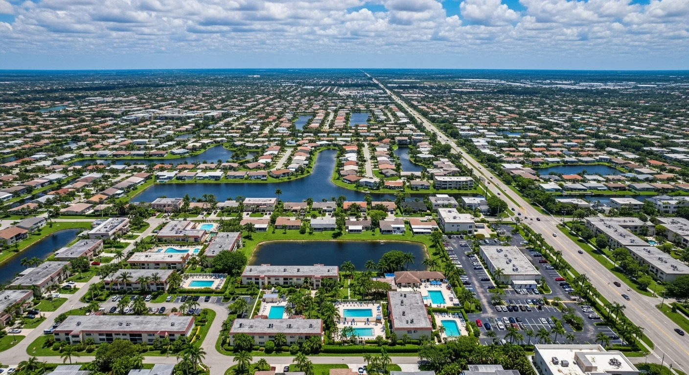 Palm Build restoration van at a stucco condo complex in Lauderhill Florida with tropical palms and approaching storm clouds