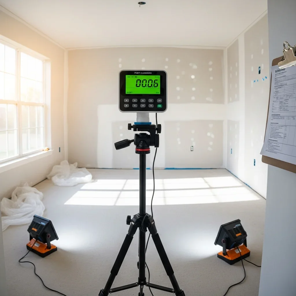 Clean room post-mold-remediation with air quality monitor for clearance testing in Lawndale, NC home