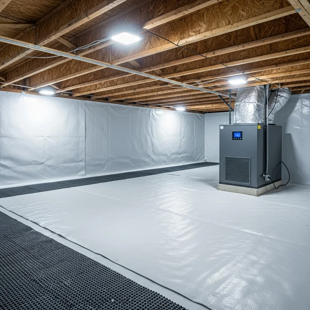 Clean, encapsulated crawl space with white vapor barrier after Palm Build mold remediation in Lawndale, NC