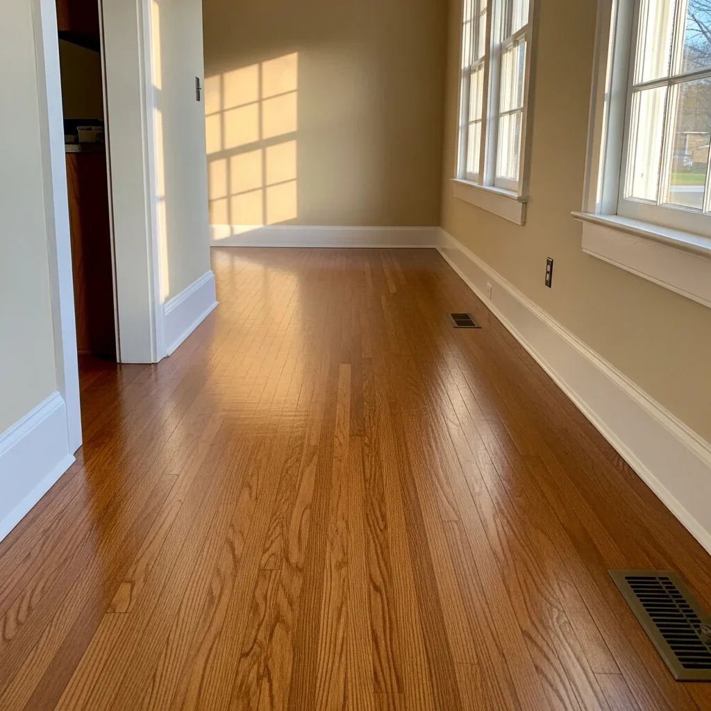 Restored hardwood floor in Lawndale, NC home after Palm Build water damage restoration and subfloor repair