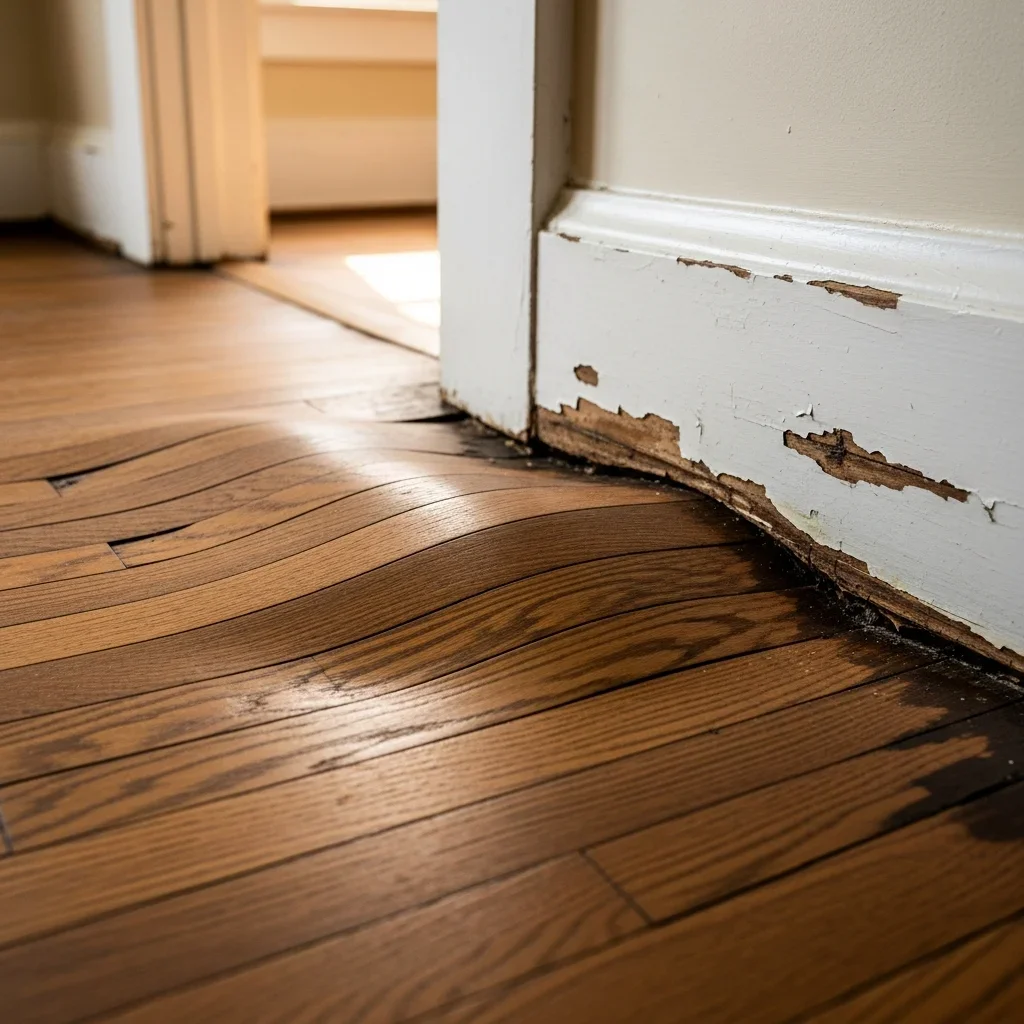 Buckled and warped hardwood flooring in older Lawndale, NC home after water damage from crawl space moisture