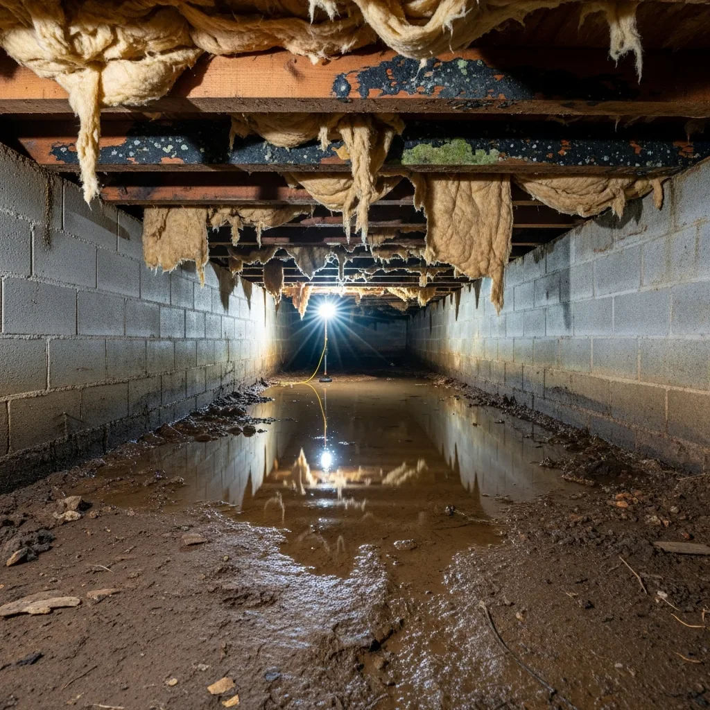 Standing water and saturated soil in crawl space beneath 1950s Lawndale, NC home before Palm Build water extraction