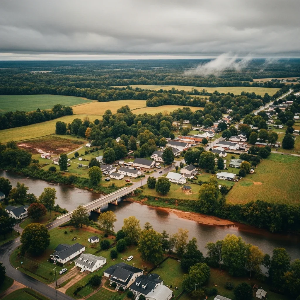 First Broad River near the Main Street bridge in Lawndale, North Carolina — the river has a named NOAA flood gauge with published impact stages
